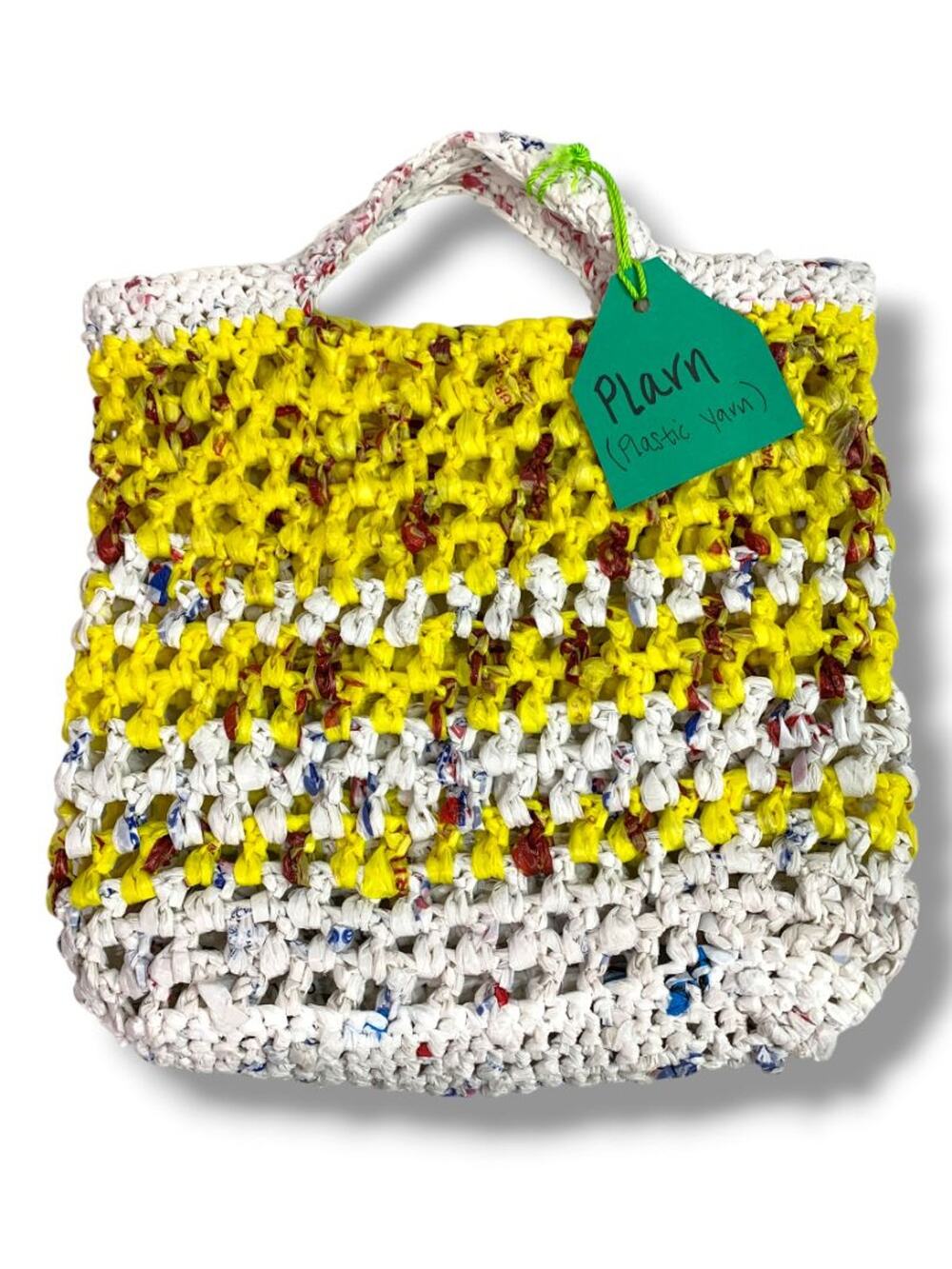 Crocheted Plastic Yarn Plarn Small Tote Bag Yellow White 10"h x‎ 11"l New